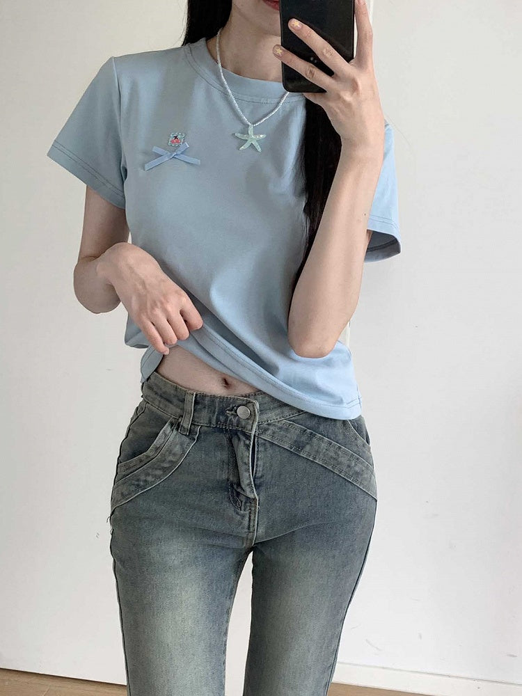 T-Shirt Round Neck Bowknot Detail Blue