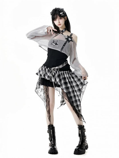 Coverup Black/Gray Star Distressed Holes Punk Rock Strap Hollow-Out Cropped