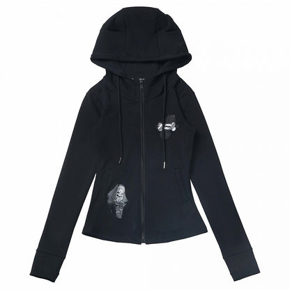 Long Sleeves Top Zip Closure Black/White Devil Horn Design Hood