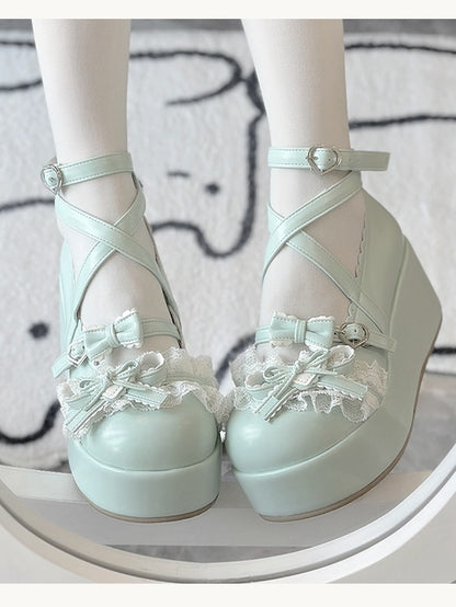 Green Feminine Round-Toe Romantic Lace Platforms with Buckles Accents Grass Heart Lolita