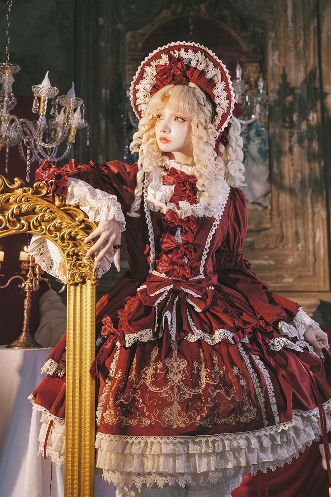 Red Candle Dress Candlestick Embroidery Velvet Bell and Sleeves