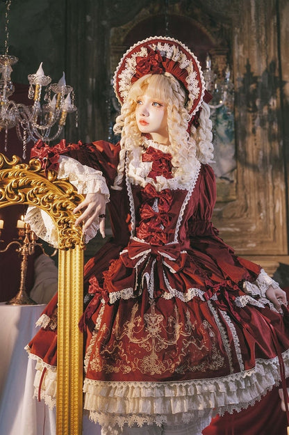 Red Candle Dress Candlestick Embroidery Velvet Bell and Sleeves