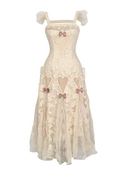 Cream Bows Heart Cutout Light Dress Goth Pink Romantic Slip Summer