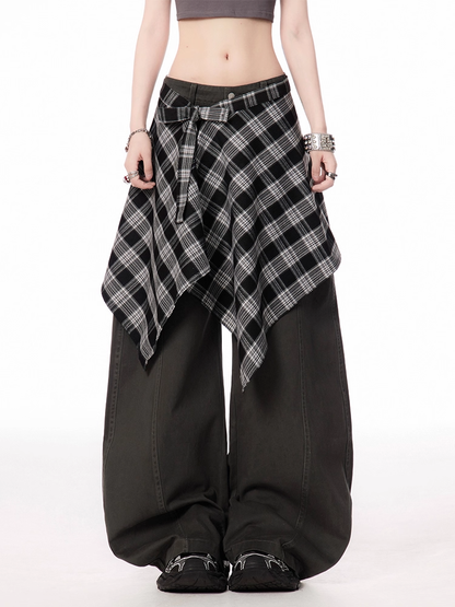 Rise Vintage Grau/Braun Dunkel mit Plaid Taille Zubehör Weite Bein Hosen Niedrigen
