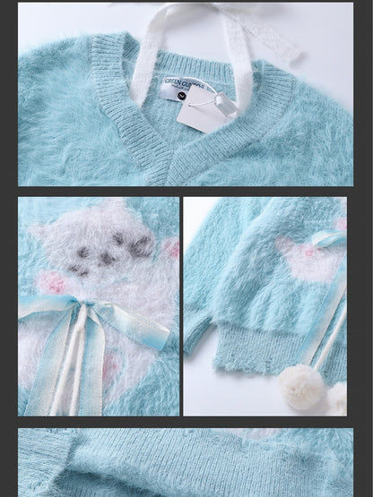 Light Blue/Pink Cute Cat Fuzzy V-Neck Halter Sweater