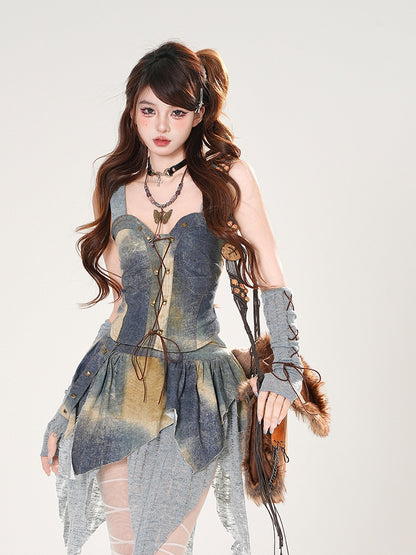 Three - Set Blue Oil Painting Pieces Lace-up Front Hooded Top +