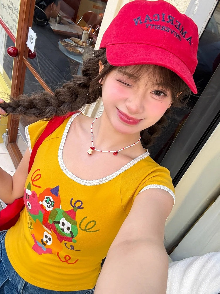 Cartoon Print T-Shirt Neck Ginger Lace Trim Round