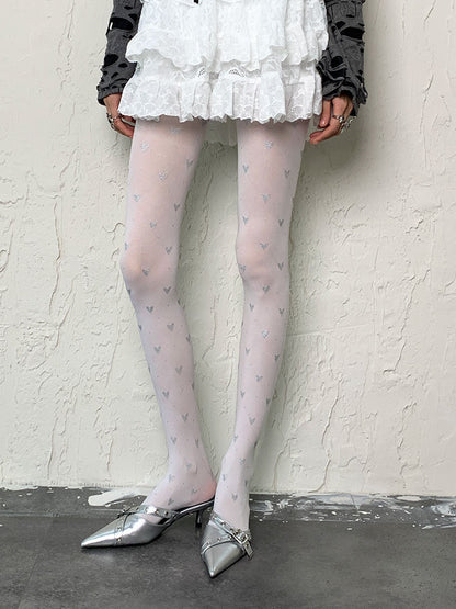 Y2K White Heart Print Tights