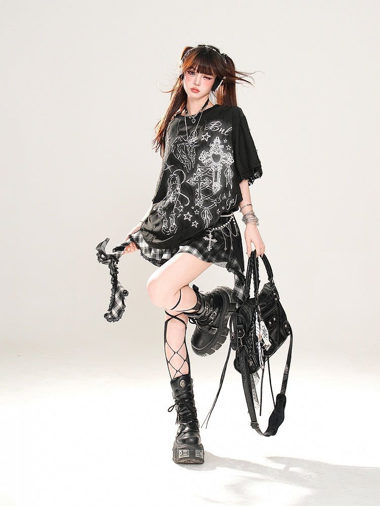 Apricot/Black Cutout Shoulder Lace Trim Graphic T-Shirt