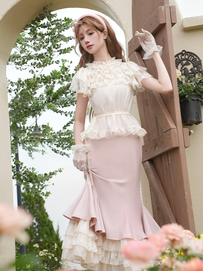 Elegant Three Pink Layers Hemline Mermaid Slip Dress Ruffle