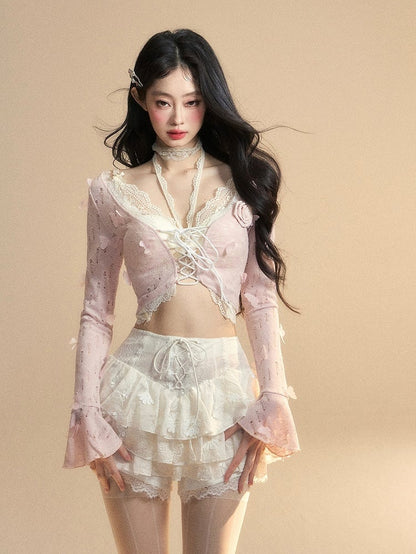 Cropped Top Floral Pink Bell Sleeves Butterfly Glamorous and Set With Top Embellished Lace