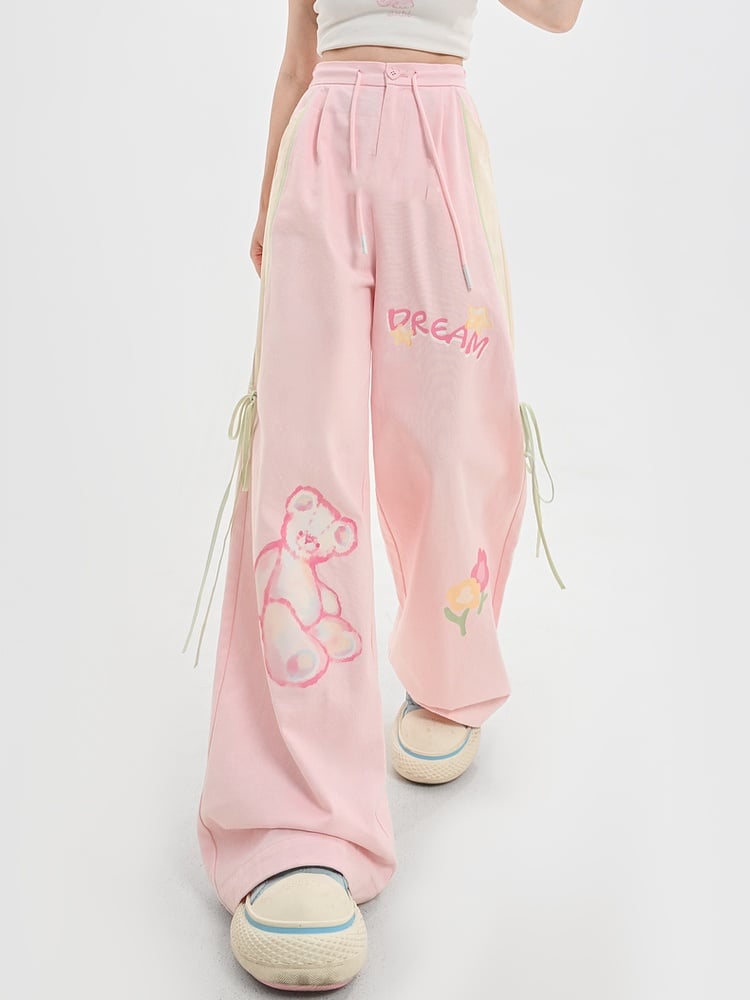 Adorable Bear Print Pink Version Wide-leg Casual Pants Long/Short