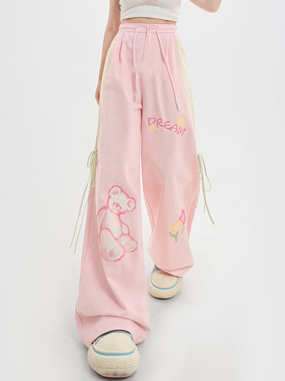 Adorable Bear Print Pink Version Wide-leg Casual Pants Long/Short
