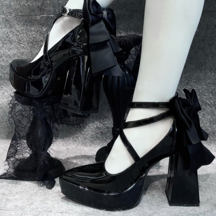 Gothic Black Detachable Bowknot Crisscross Buckle Strap Platform High Block Heels