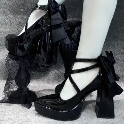 Gothic Black Detachable Bowknot Crisscross Buckle Strap Platform High Block Heels