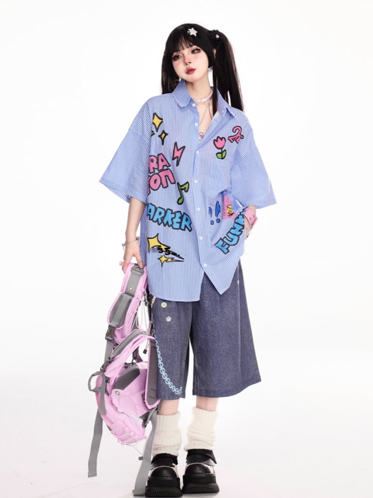 ヴィンテージ刺繍ブルーストライプシャツ 半袖