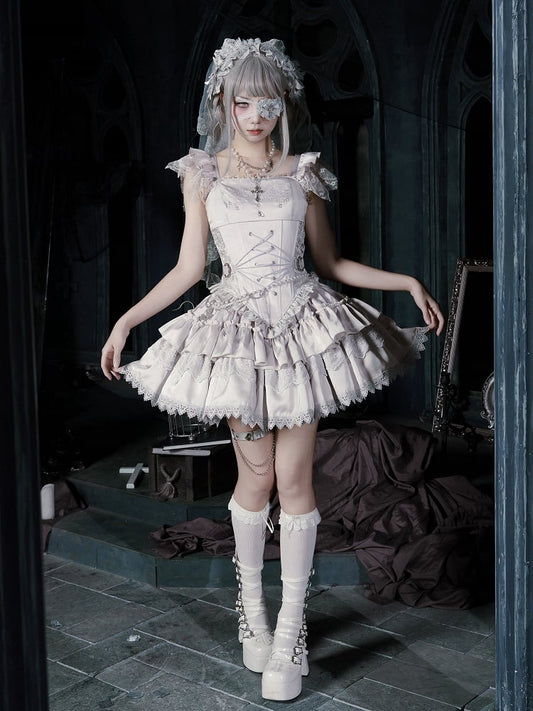 Skirt Set Short Veil Waist Corset - Silver Full Head Necklace Chain Lolita + Gothic Embroidered Top