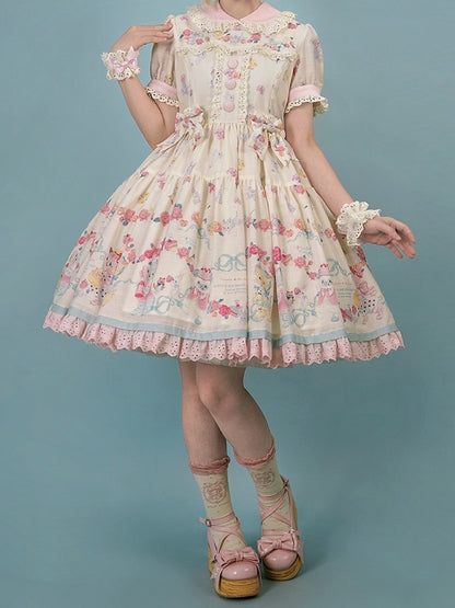 Lolita Scalloped Eyelet Kitty Short Dress with Sleeves Print Creamy Sweet Trims
