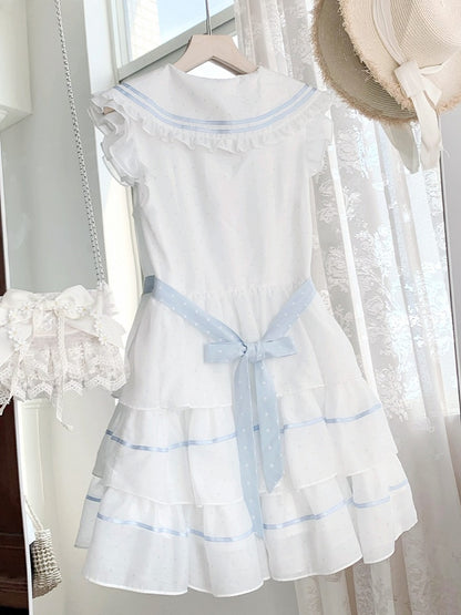 Tiered White and Blue Polka-dot Pattern Dress Sailor Collar Navycore Skirt