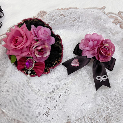 Floral BlackPink Rhinestone Chain Hairclips Two Decorated Design Bead
