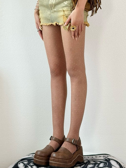 Pattern Polka-dot Diamond Embroidered Gray/White/Brown Tights
