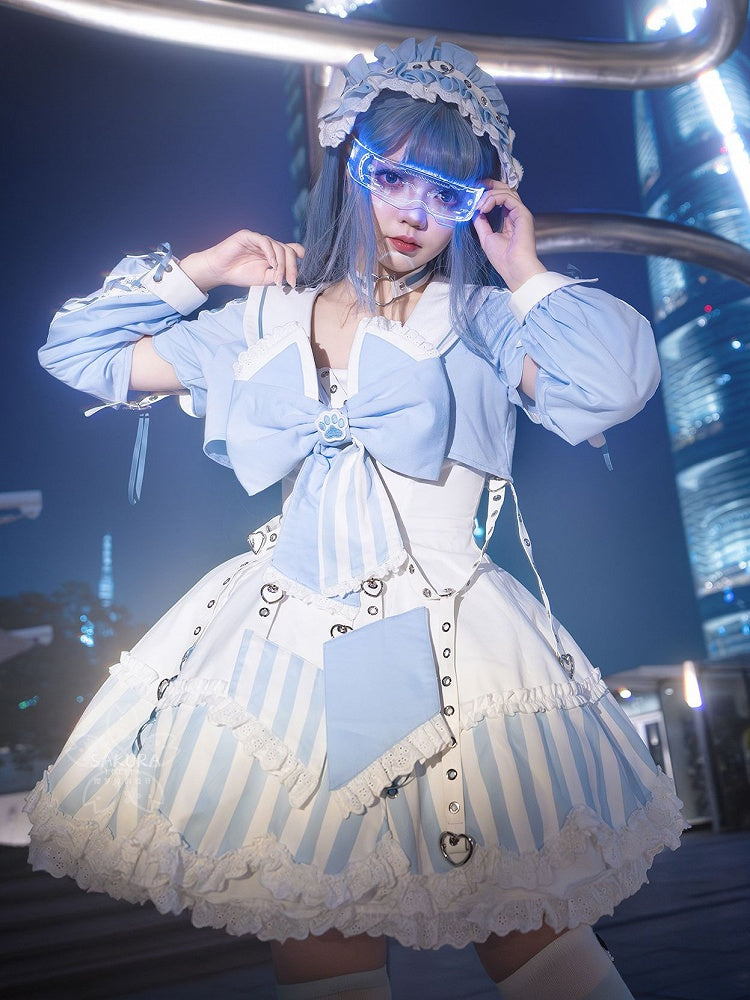 Kitty Light Bow Kaiwai Set Blue JSK Dress Cropped Tenshi Lolita Sailor Striped Big Top Pattern Ears + - Collar