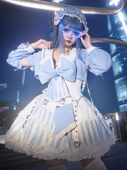 Kitty Light Bow Kaiwai Set Blue JSK Dress Cropped Tenshi Lolita Sailor Striped Big Top Pattern Ears + - Collar