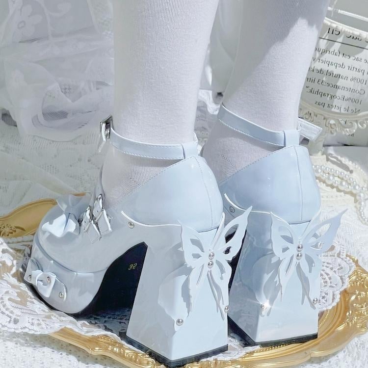 Light Blue Bowknot Stud Butterfly Platform High Block Heels Lolita Shoes