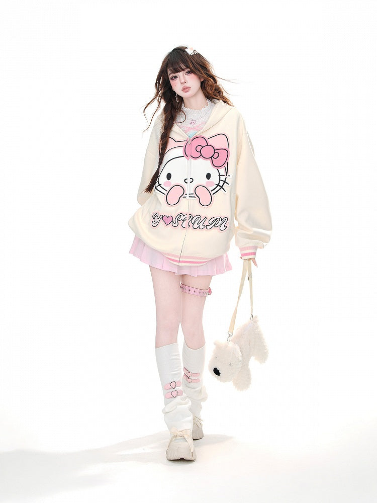 Apricot/Black Kitty Embroidery Oversized Zip Closure Hoodie
