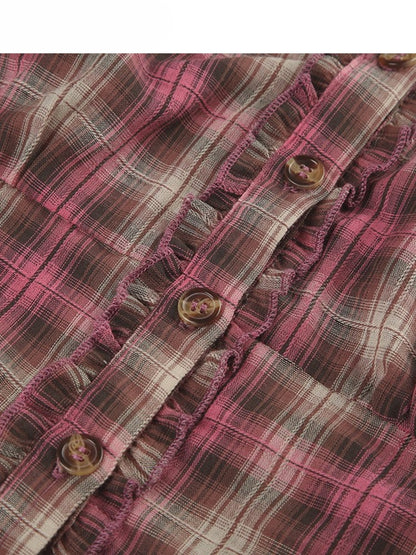 Plaid Sleeves Ruffles Trim Pattern Shirt V-neck Y2K Short RedBrown