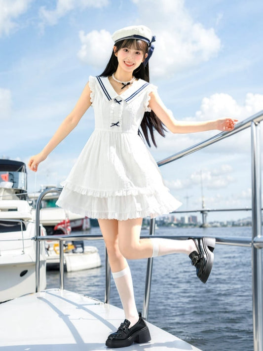 Trim Tiered Skirt Sleeveless Dress Contrast White Sailor Collar Flutter Sleeves Blue