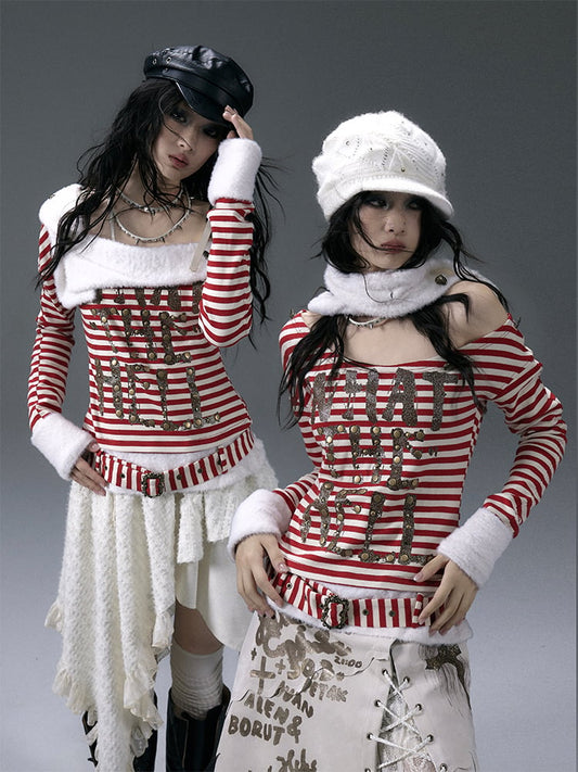 Red&White Stripes Letter Top with Detachable Plush Collar