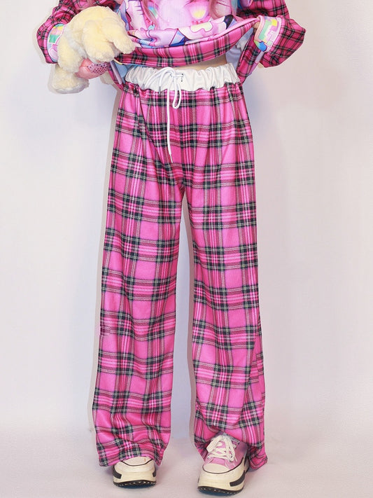 Version Pattern Rose Plaid Wide-leg Pants Gyaru Red Fashion Thicken Cut
