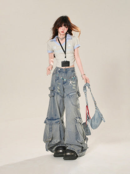 Wide-Leg Jeans Cargo Pockets Blue Distressed Holes Buckle Straps