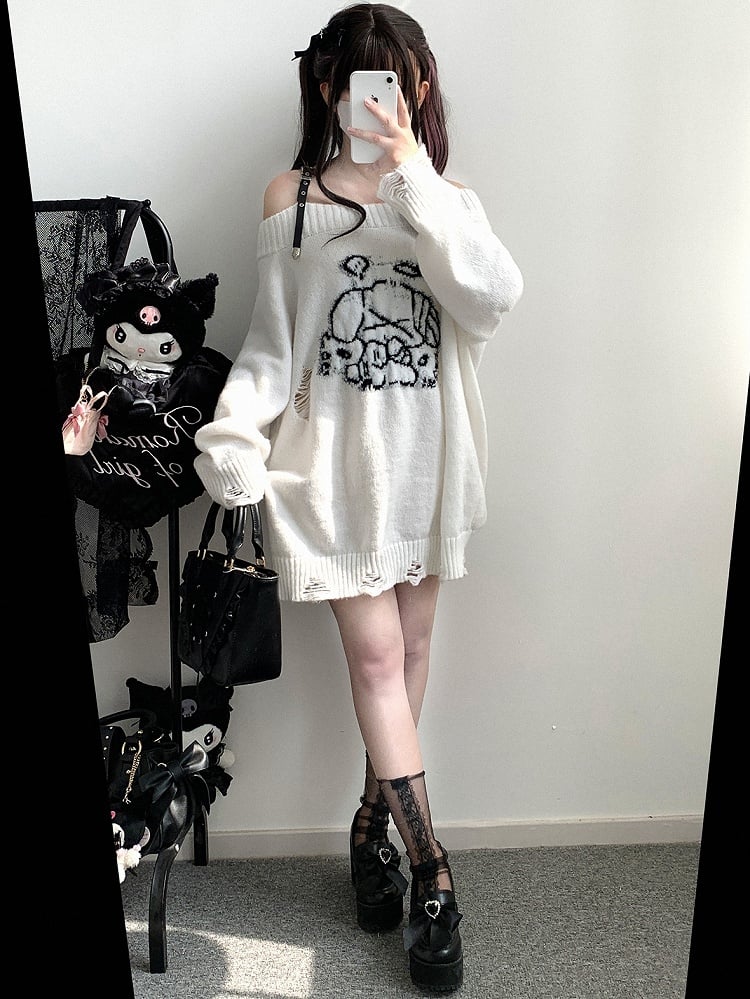 Jirai Kei Grey Angel Puppy Graphic Distressed Holes Landmine Loose Sweater