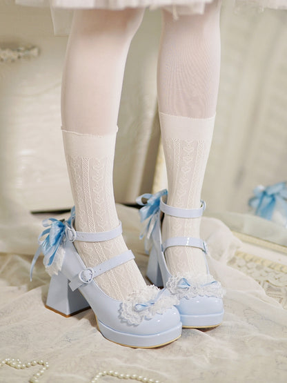 Blue Heels Top Knotted Buckles at Bow High Trim Lace Block Heart