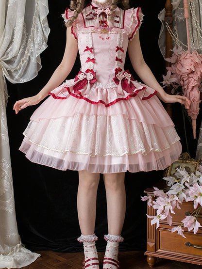 Qi Lolita Froschknopf Cheongsam Kragenkleid Details Stil Quaste Rosa