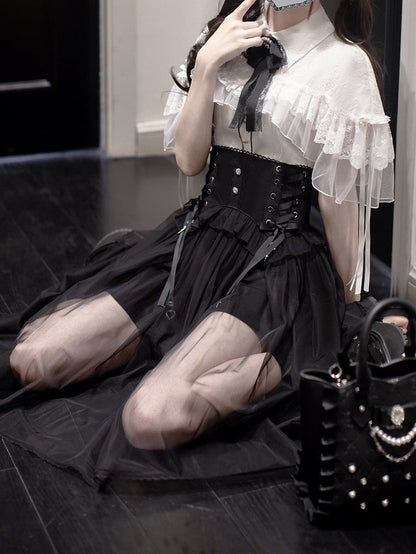 with Trim and Lace Jirai Kei White Cape Design Blouse Flat Collar Pointed