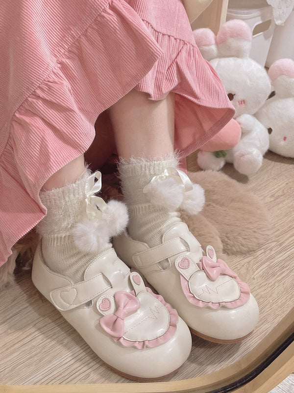 Besatz Fleece Beige Flats Herz Ohr Gefüttert Lolita mit Rüschen Süße Applikation Hase Winter