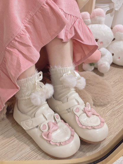 Besatz Fleece Beige Flats Herz Ohr Gefüttert Lolita mit Rüschen Süße Applikation Hase Winter