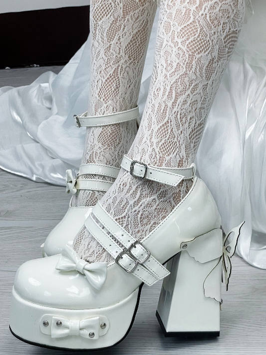Design Stud Platform Shoes White Heels Butterfly Lolita Block Bowknot Milk High