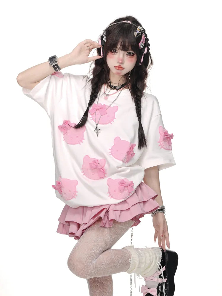 White/Pink Bowknot T-shirt Pattern Cute Kitty