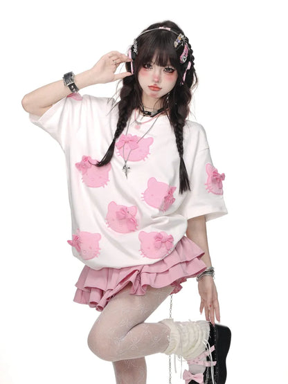 White/Pink Bowknot T-shirt Pattern Cute Kitty