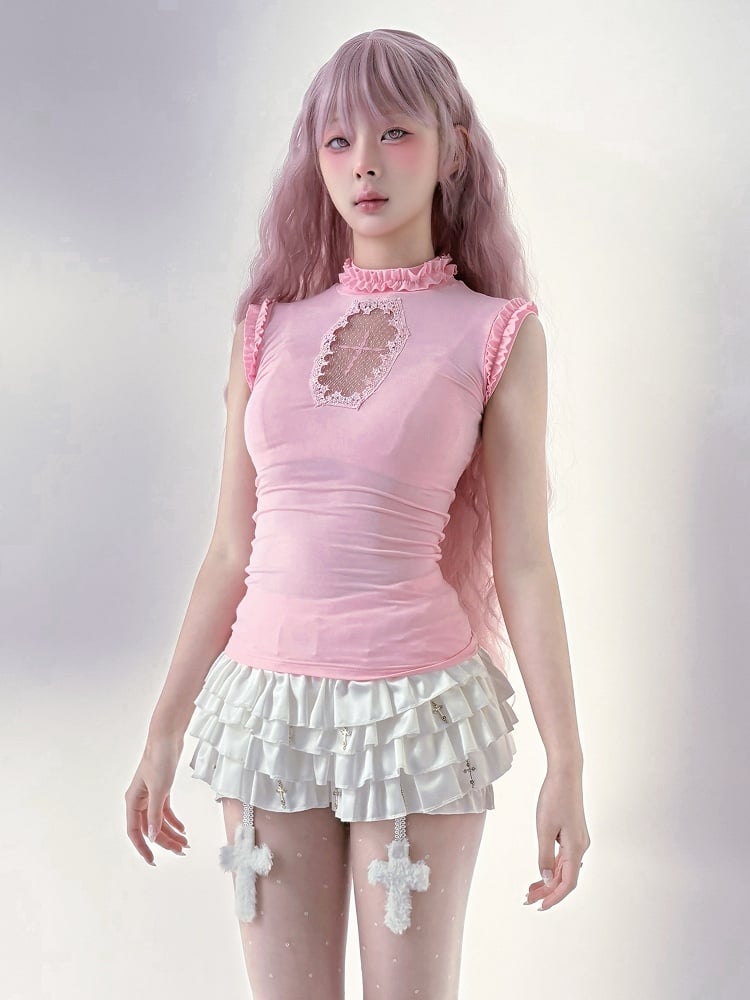 Goth Pink Mock Neck Coffin-Shaped Cutout  Pastel Light Sleeveless Top