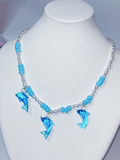 Necklace Blue Pendant Beaded Y2K Dolphin