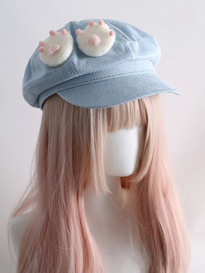 Béret Jirai Kei bleu avec bordure en dentelle et serre-tête amovible en forme d'oreilles et de pattes de chat