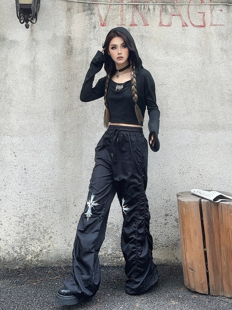 Waist Cross Print Design Drawstring Black Ruched Casual Pants
