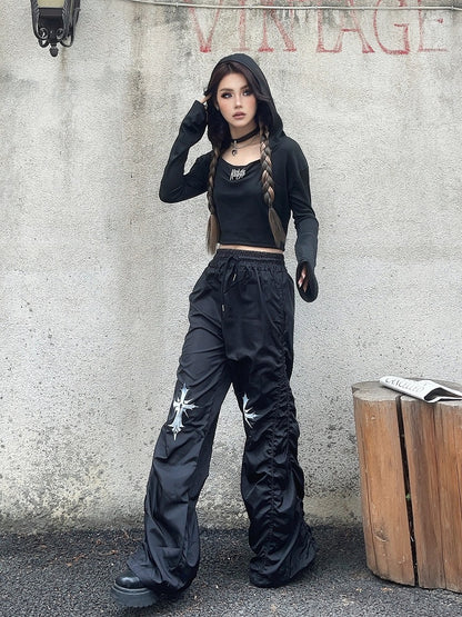 Waist Cross Print Design Drawstring Black Ruched Casual Pants