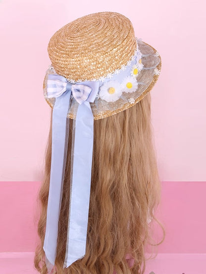 Blue/Pink/Yellow Daisies Bow Accents Straw Hat