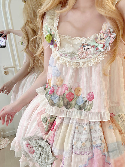 Haut tulipe rose clair brodé lapin